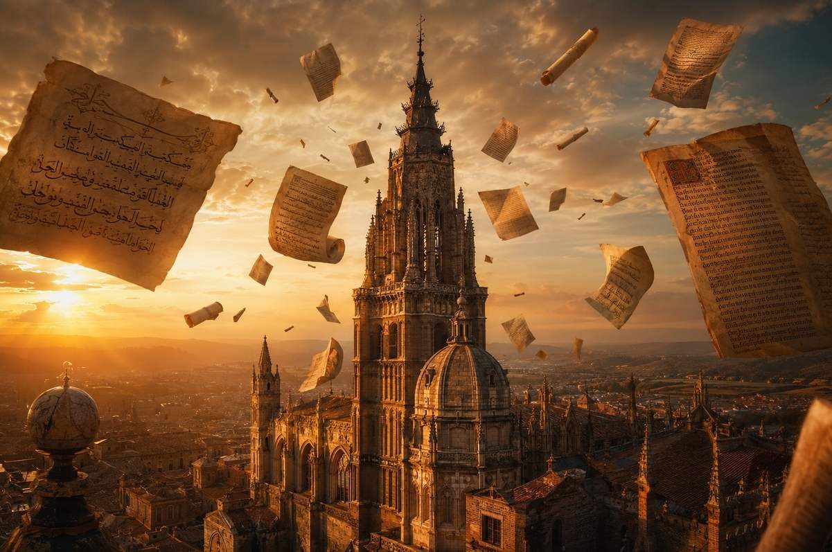Cathedral of Toledo at golden hour with Gothic spires and floating ancient manuscripts