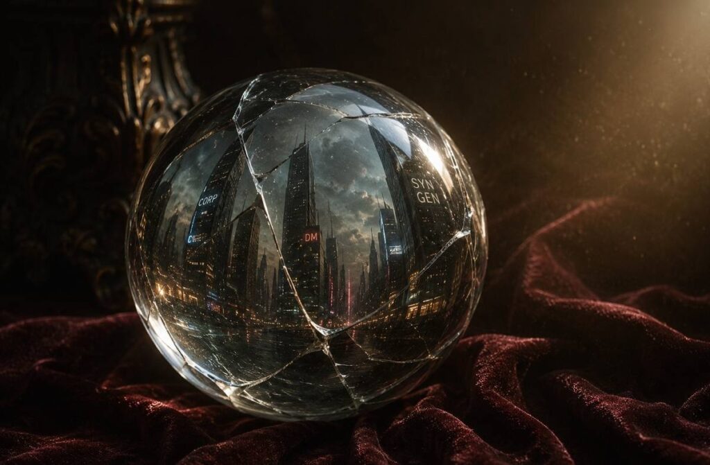 A cracked crystal ball reflecting distorted corporate towers, representing the fractured promise of toxic manifestation culture.