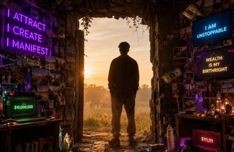 A silhouette standing at a doorway between a cluttered neon manifestation room and a simple dawn landscape, representing the escape from archonic binding into recognition.