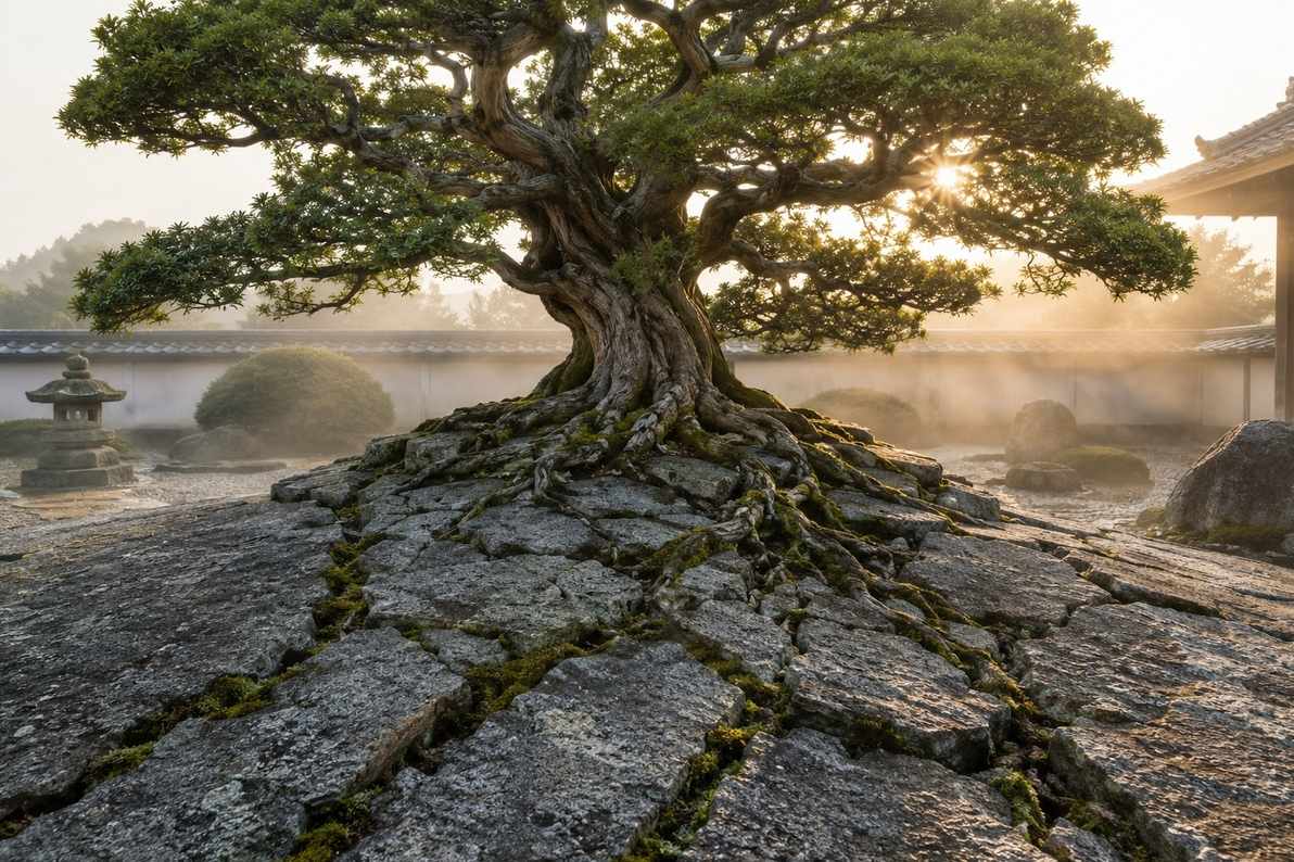 An ancient bonsai tree in a minimalist Japanese garden with roots visibly spreading through cracked stone, morning mist and soft golden light