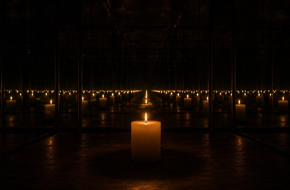 A single candle flame in a dark meditation chamber, the flame's reflection creating infinite mirrors in dark glass panels