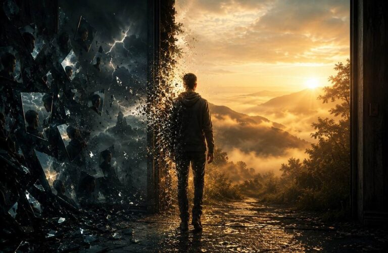 Solitary figure at threshold between shattered mirrors and serene dawn landscape, silhouette dissolving into luminous particles