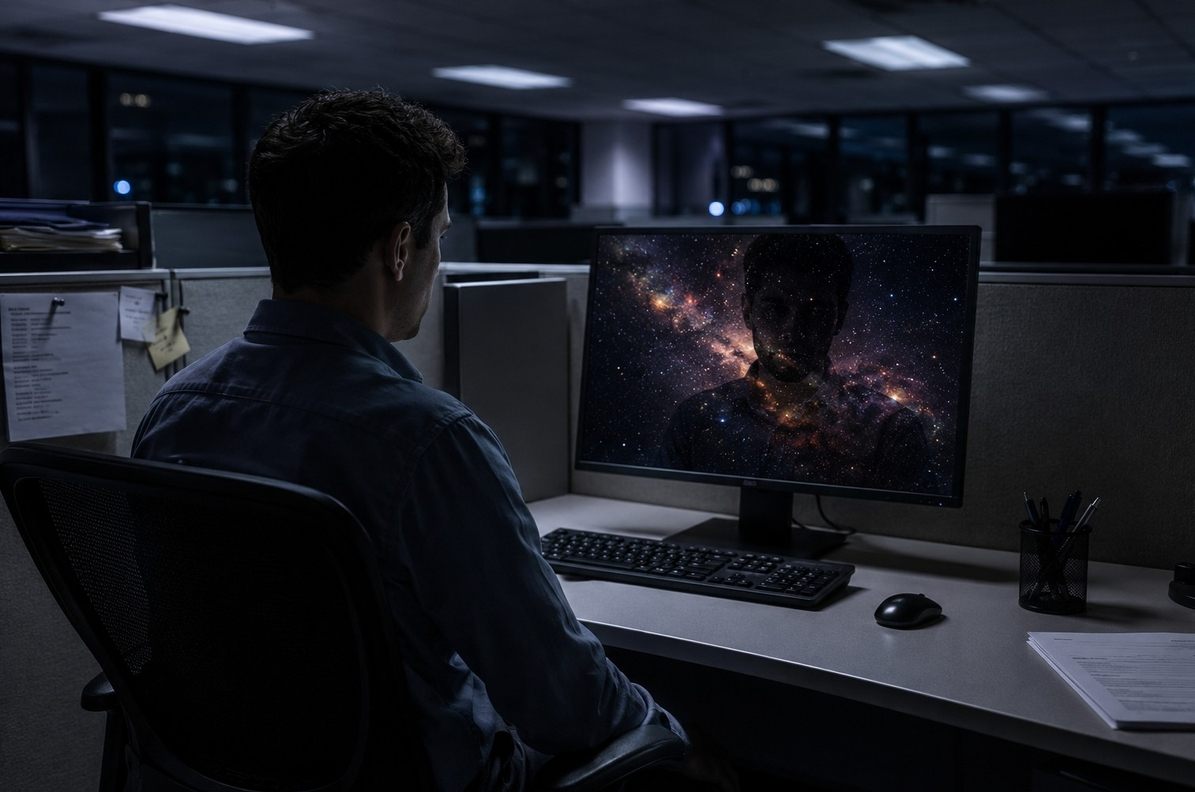 A person sitting alone in a modern office cubicle, their reflection in the computer monitor showing a vast star-filled cosmos instead of their face