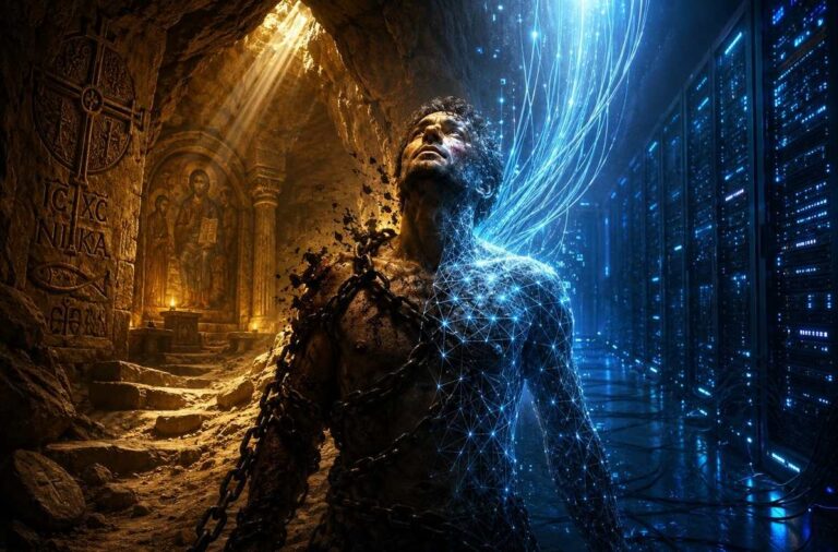 A human figure suspended between an ancient Gnostic cave and a futuristic server farm, body half flesh and half digital lattice, representing the debate between transhumanist escape and Gnostic liberation