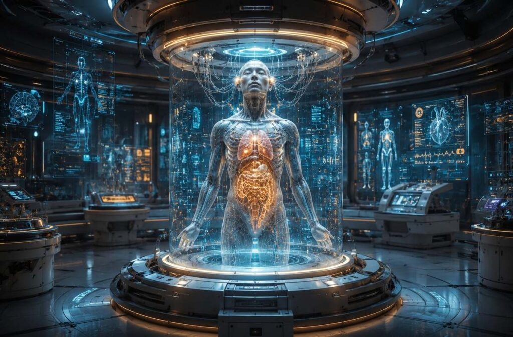A humanoid figure suspended in a translucent chamber with neural interfaces and visible organs through synthetic skin.