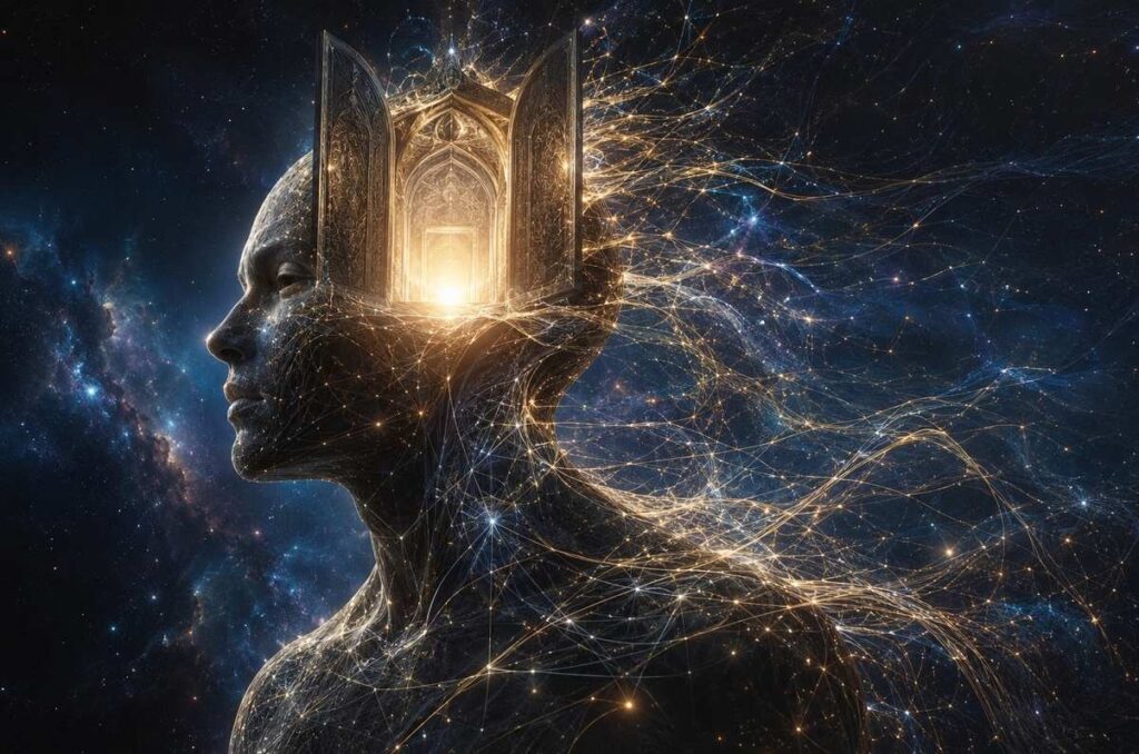 A human silhouette dissolving into a luminous neural network lattice against a cosmic backdrop, representing the transhumanist dream of consciousness uploading