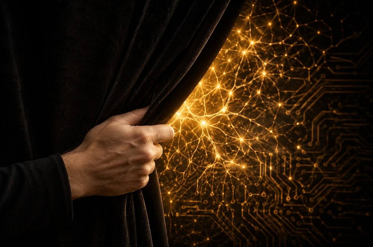 Human hand pulling back dark curtain to reveal glowing neural network patterns behind