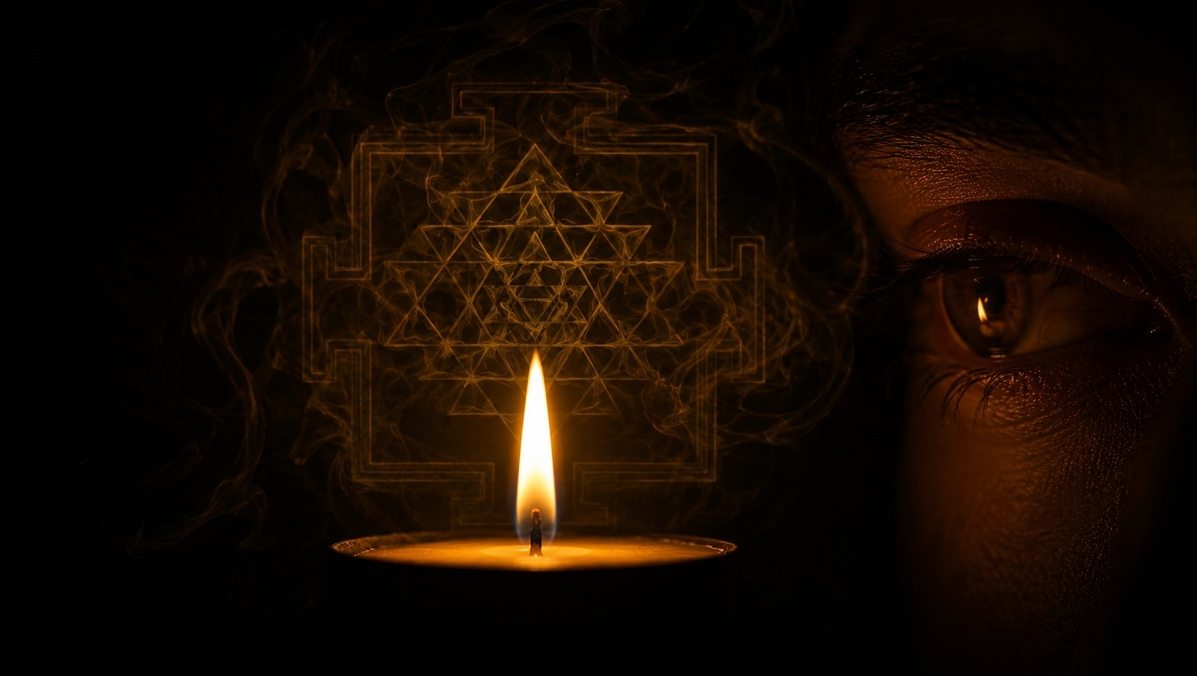 Candle flame in darkness with translucent Sri Yantra afterimage floating in black space