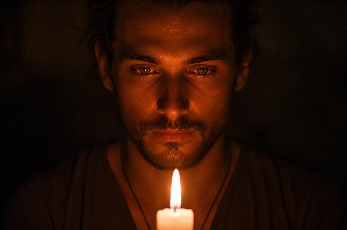 A person practising trataka candle gazing meditation in a dark room, with a single flame reflected in their eyes, representing third eye activation