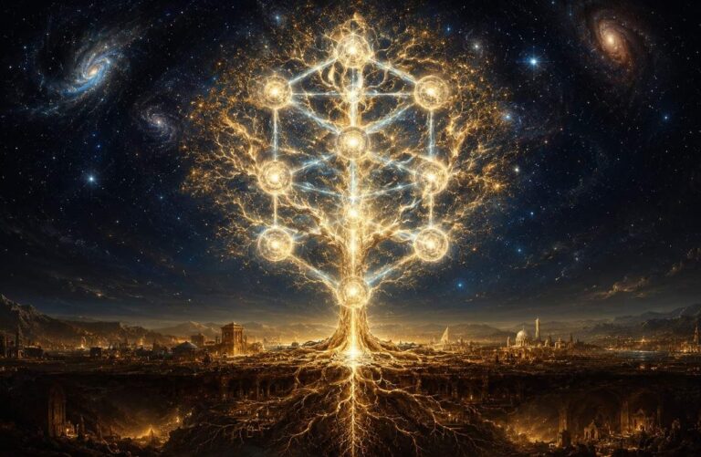 Towering cosmic Tree of Life made of golden light against starry night sky with luminous spheres