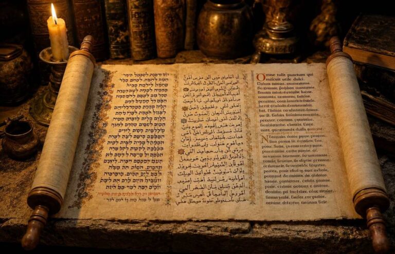 Ancient illuminated manuscript scroll showing three parallel columns of Hebrew Arabic and Latin text