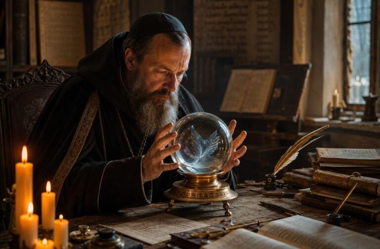 Benedictine abbot gazing into crystal sphere with angelic forms visible within