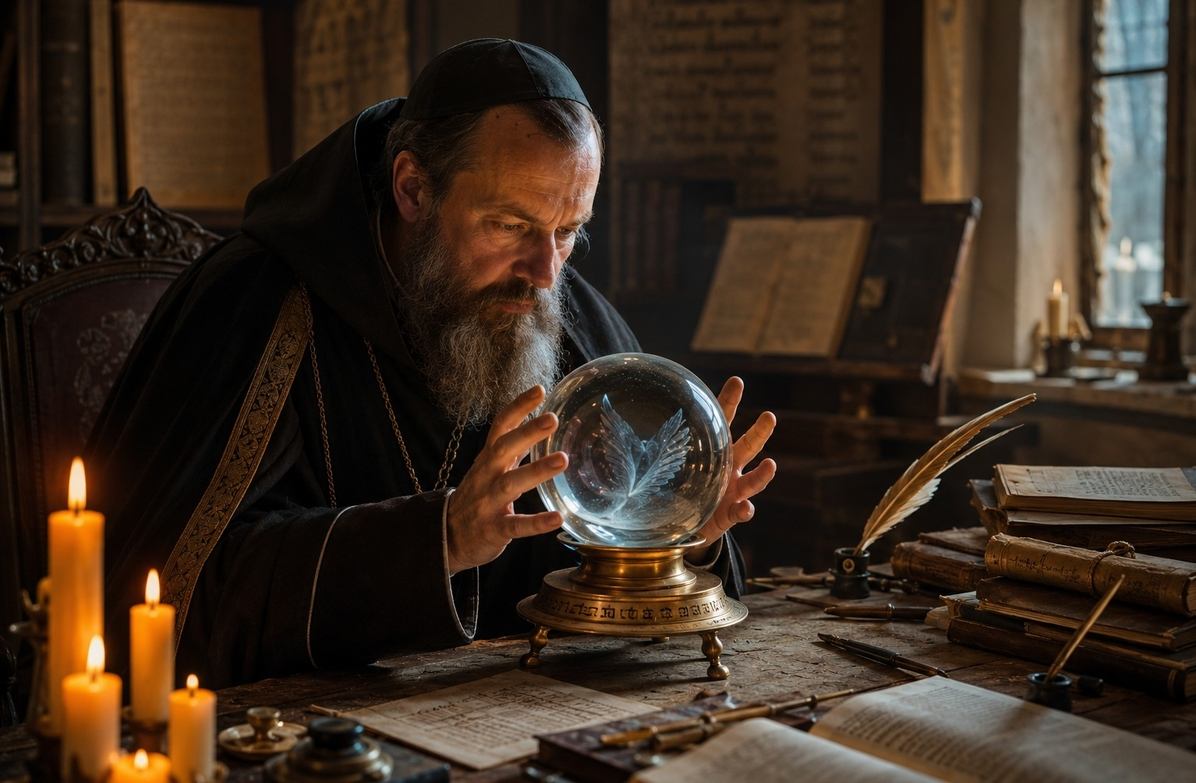Benedictine abbot gazing into crystal sphere with angelic forms visible within