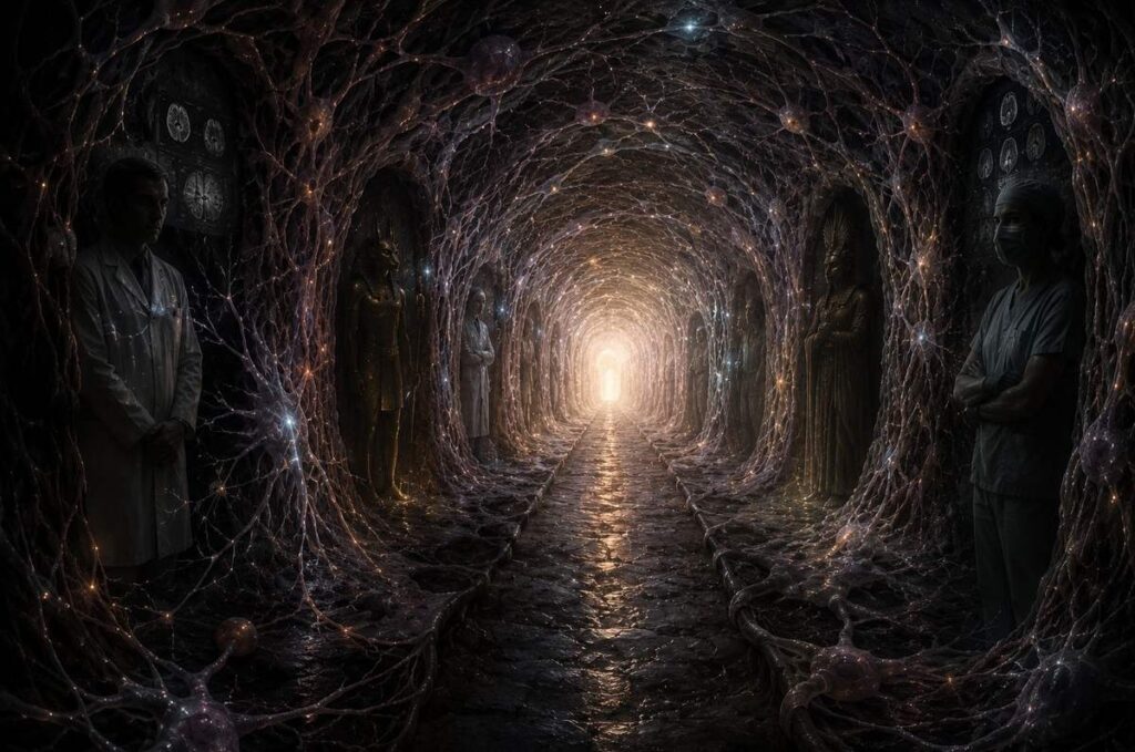 A dark tunnel with neural-textured walls and shadowy figures in alcoves, leading to distant warm light.