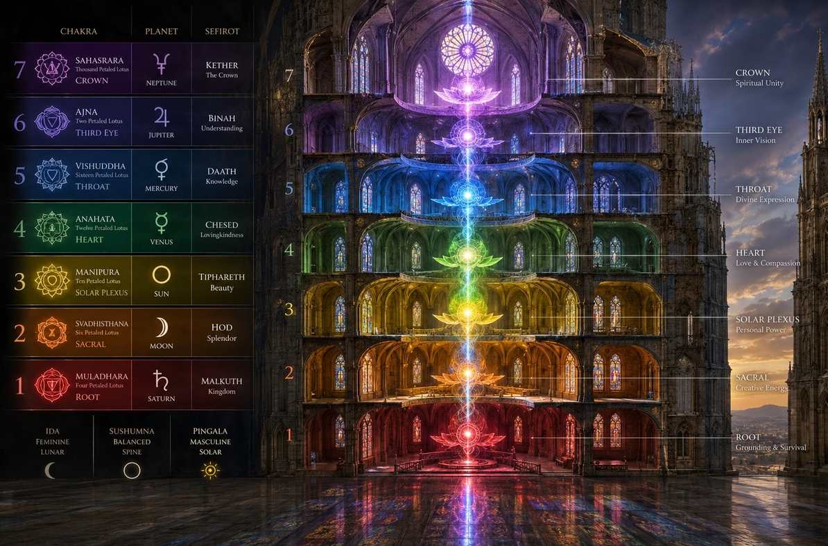 Cross-sectional architectural diagram showing seven corresponding levels of Kabbalah, chakras, and alchemy unified by light beams