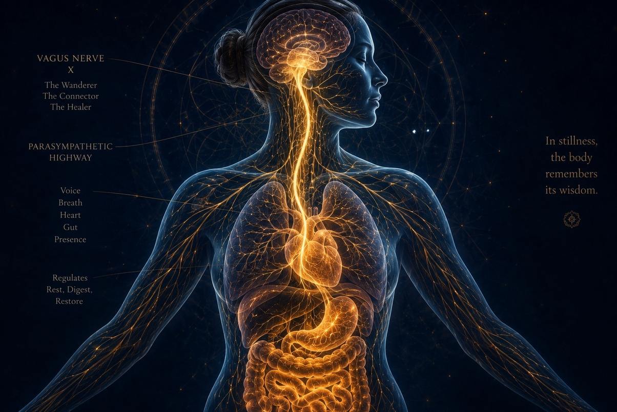 Anatomical visualisation of the vagus nerve as a luminous golden thread connecting brainstem to heart and viscera