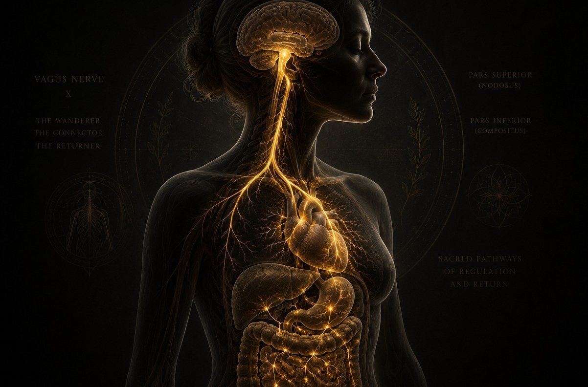 Anatomical visualization of vagus nerve running from brain through body with golden light at nerve terminals