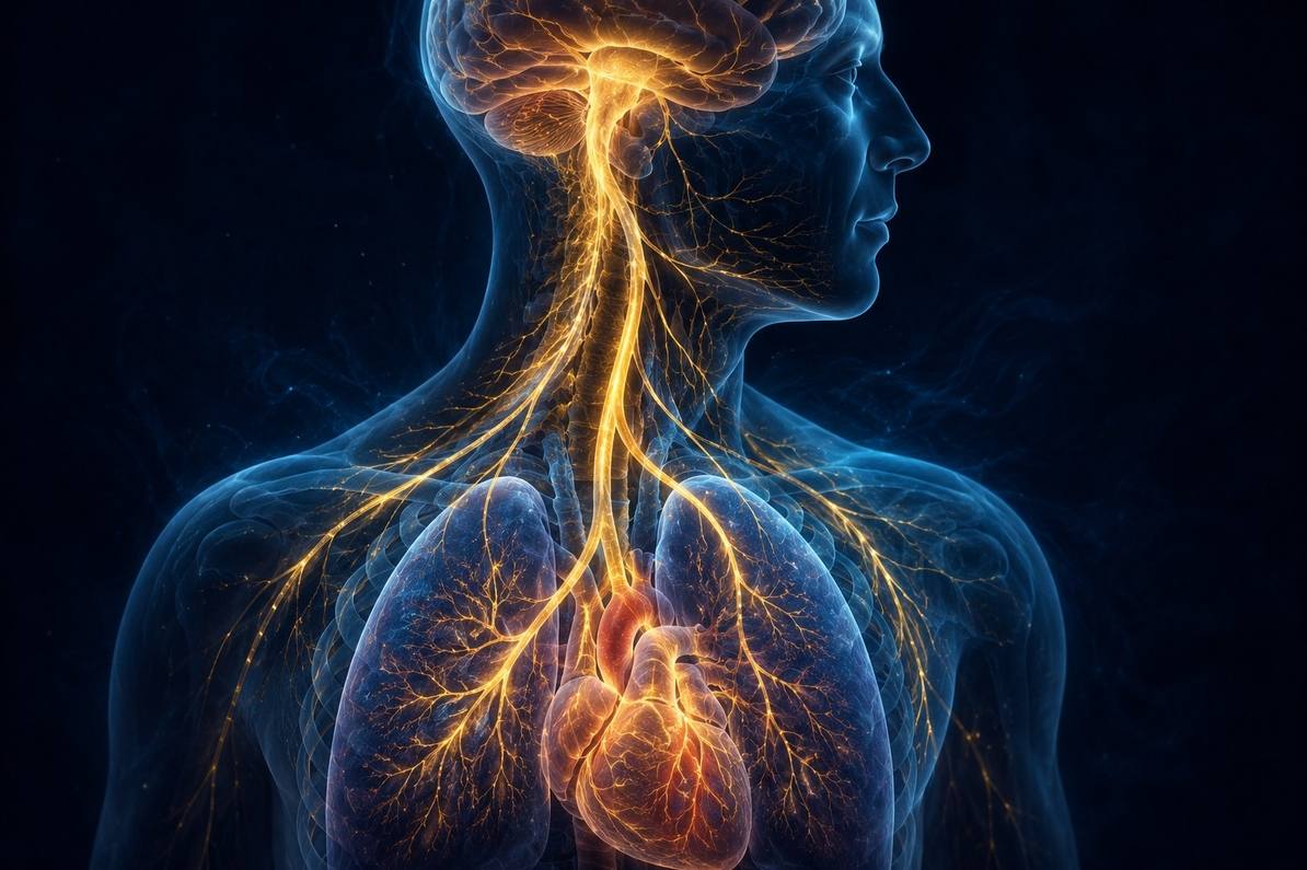 Anatomical illustration of the vagus nerve with golden neural pathways showing parasympathetic activation during conscious breathing