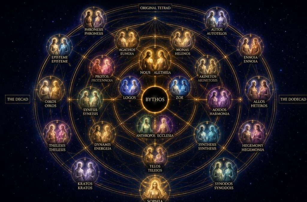 A sacred geometry mandala showing Bythos at the centre with 15 pairs of Aeons in concentric rings connected by golden lines.