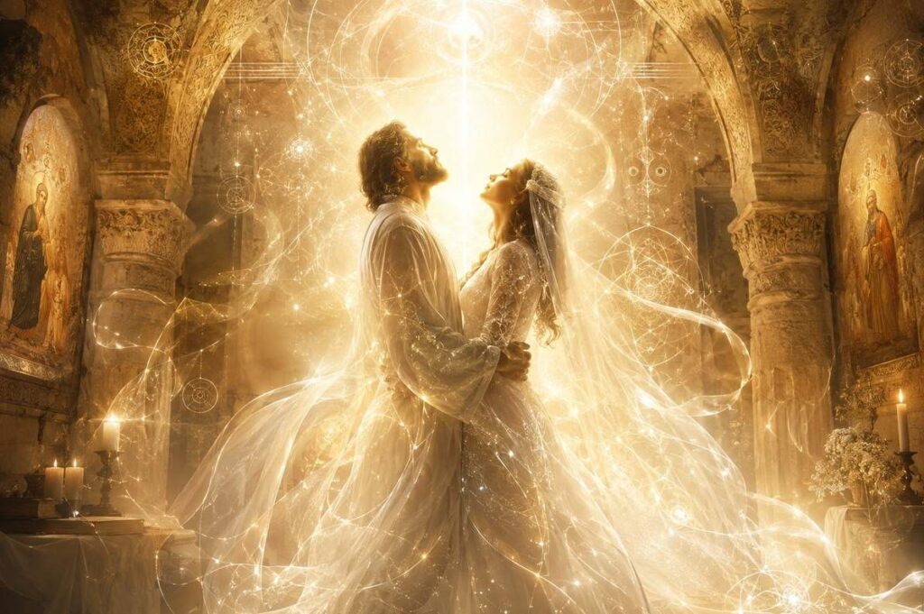 A luminous bridal chamber scene with two figures surrounded by golden light, their physical forms becoming translucent and spiritualised, representing Valentinian transformation