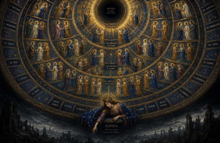 Monumental celestial dome showing Bythos emanating 15 paired Aeons in concentric rings, with Sophia at the boundary.