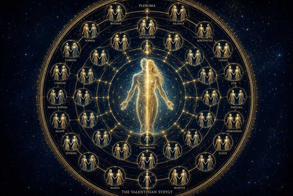 Geometric mandala showing two luminous figures merging into androgynous being with paired aeons in rings