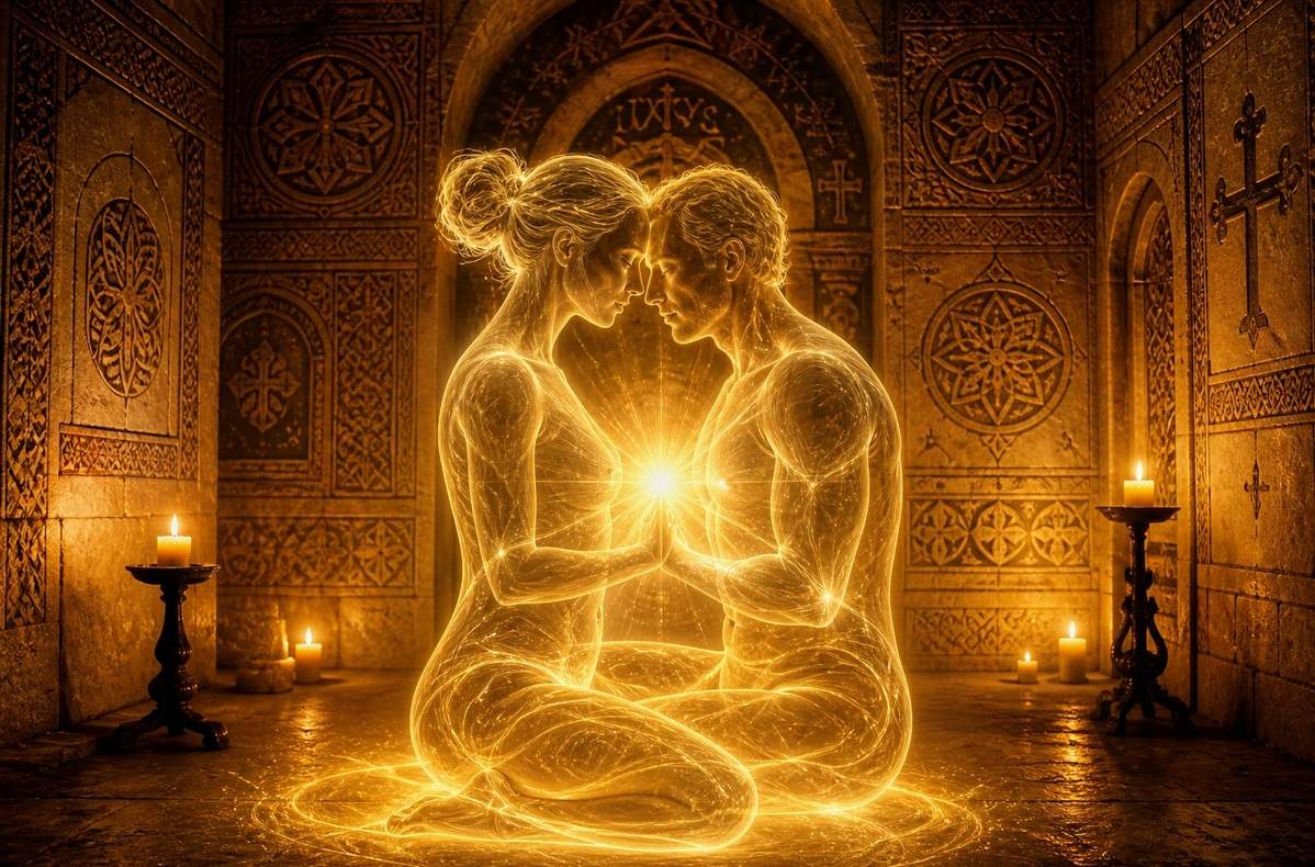 Two luminous figures in sacred union within an ancient ritual chamber