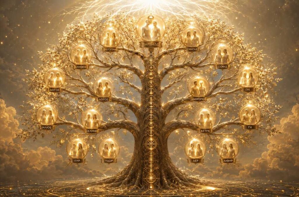 Tree of divine emanations with paired male-female aeons as golden fruits