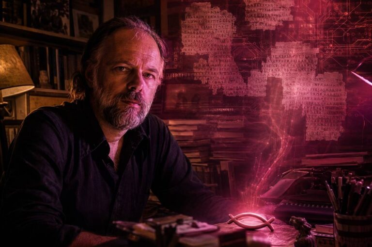 Split portrait of Philip K. Dick half in lamplight and half in pink glow, with Nag Hammadi papyrus fragments and circuit patterns floating behind him.