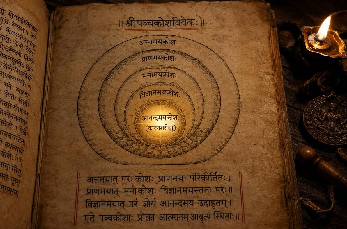 An ancient Sanskrit manuscript illuminated by warm candlelight showing the five koshas as concentric sheaths with the causal body as the innermost layer