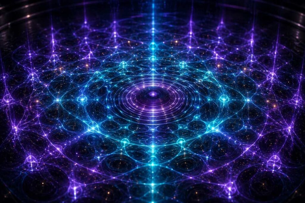 Abstract visualization of intersecting sound waves and light frequencies, illustrating the Principle of Vibration and constant motion