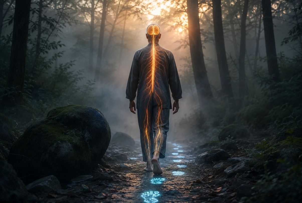 Meditator walking through misty forest with luminous neural pathways visible along spine and legs, brain hemispheres glowing in synchrony