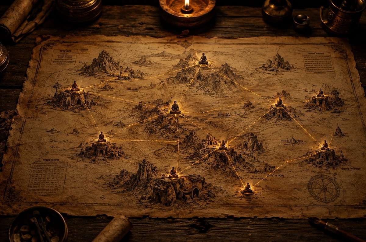 Map-like web of golden threads connecting hermit cells across desert and mountains