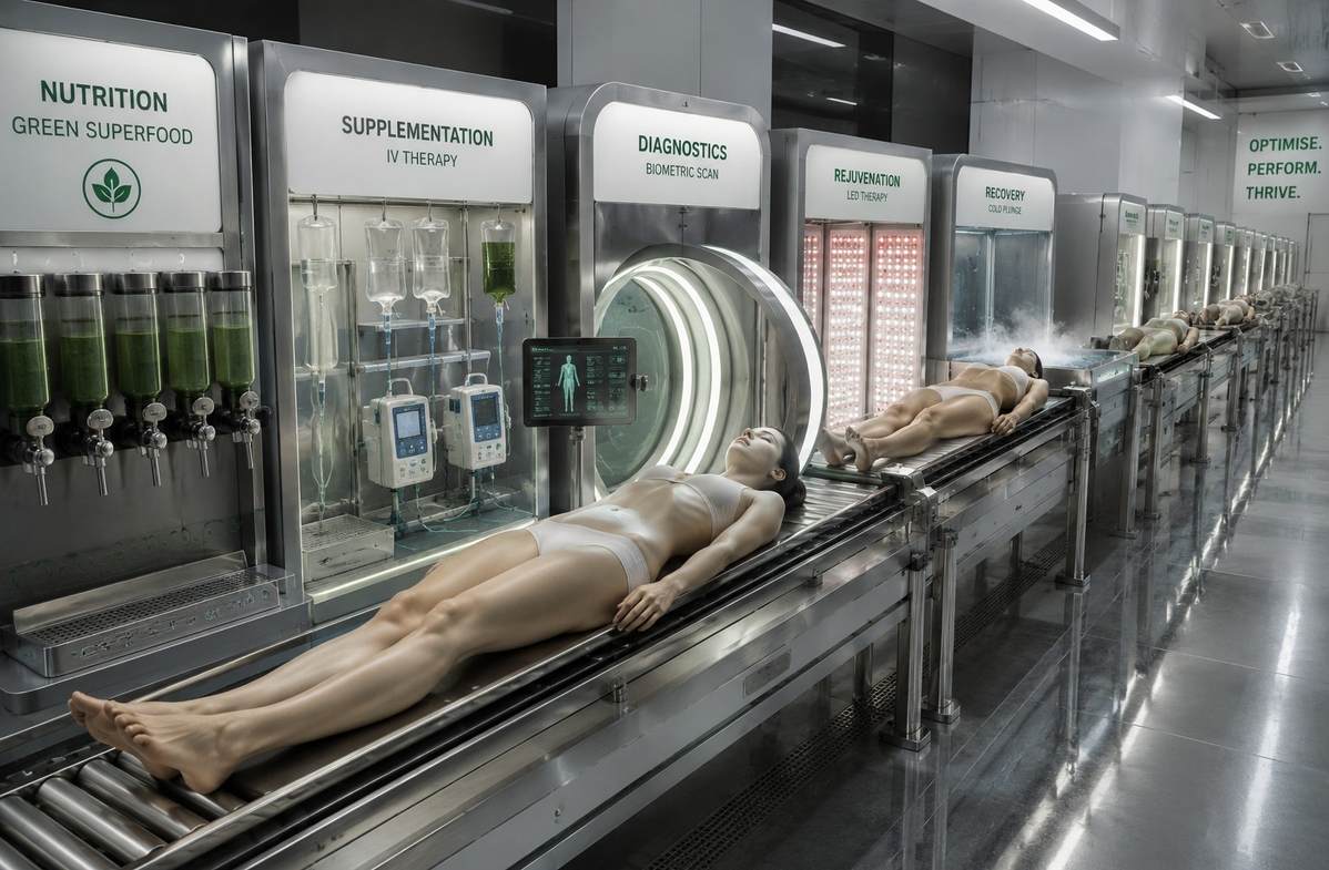 Human figure on a conveyor belt passing through wellness optimisation stations with smoothie dispensers, supplement IV drips, and biometric scanners