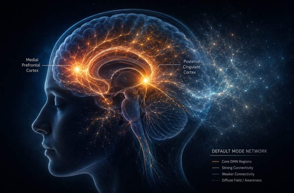 Luminous brain scan showing default mode network fading from warm orange to cool blue as neural pathways dissolve into soft light, mPFC and PCC visible as quietening nodes