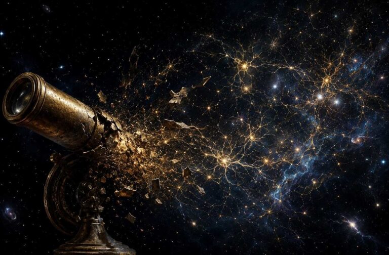 Weathered brass telescope shattering into golden stardust against deep cosmic void, fragments becoming luminous neurons that dissolve into infinite starfield