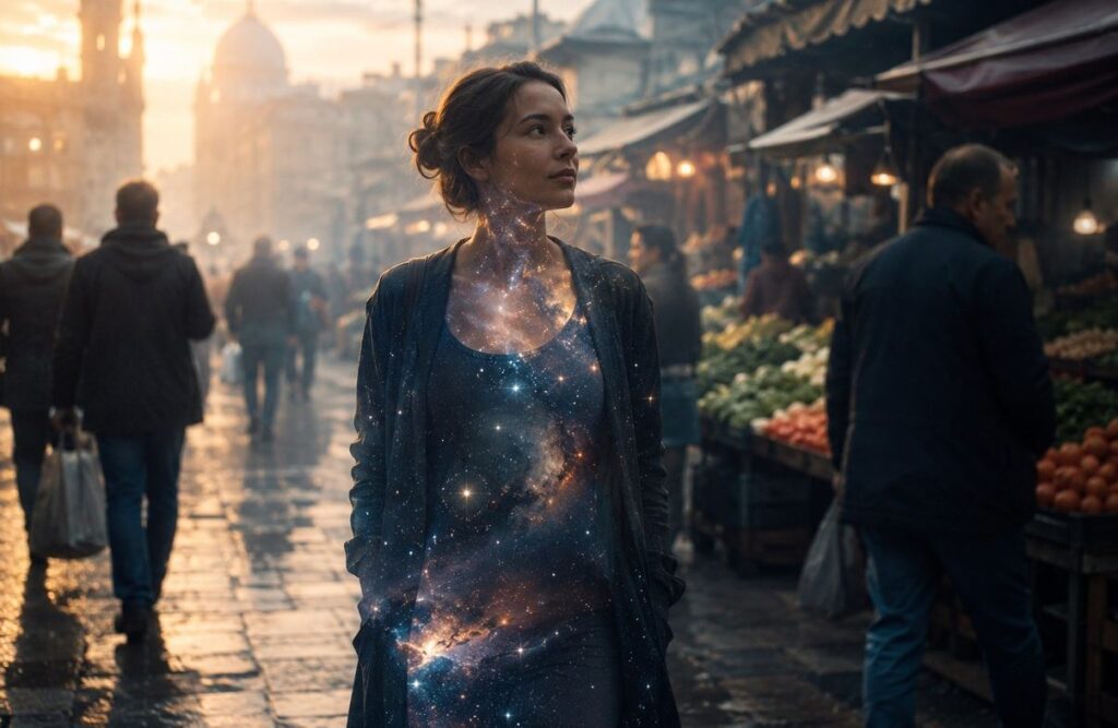 Contemplative figure walking through misty morning marketplace with translucent form revealing cosmic starfield within, pedestrians in soft bokeh, dawn light mixing with stellar glow