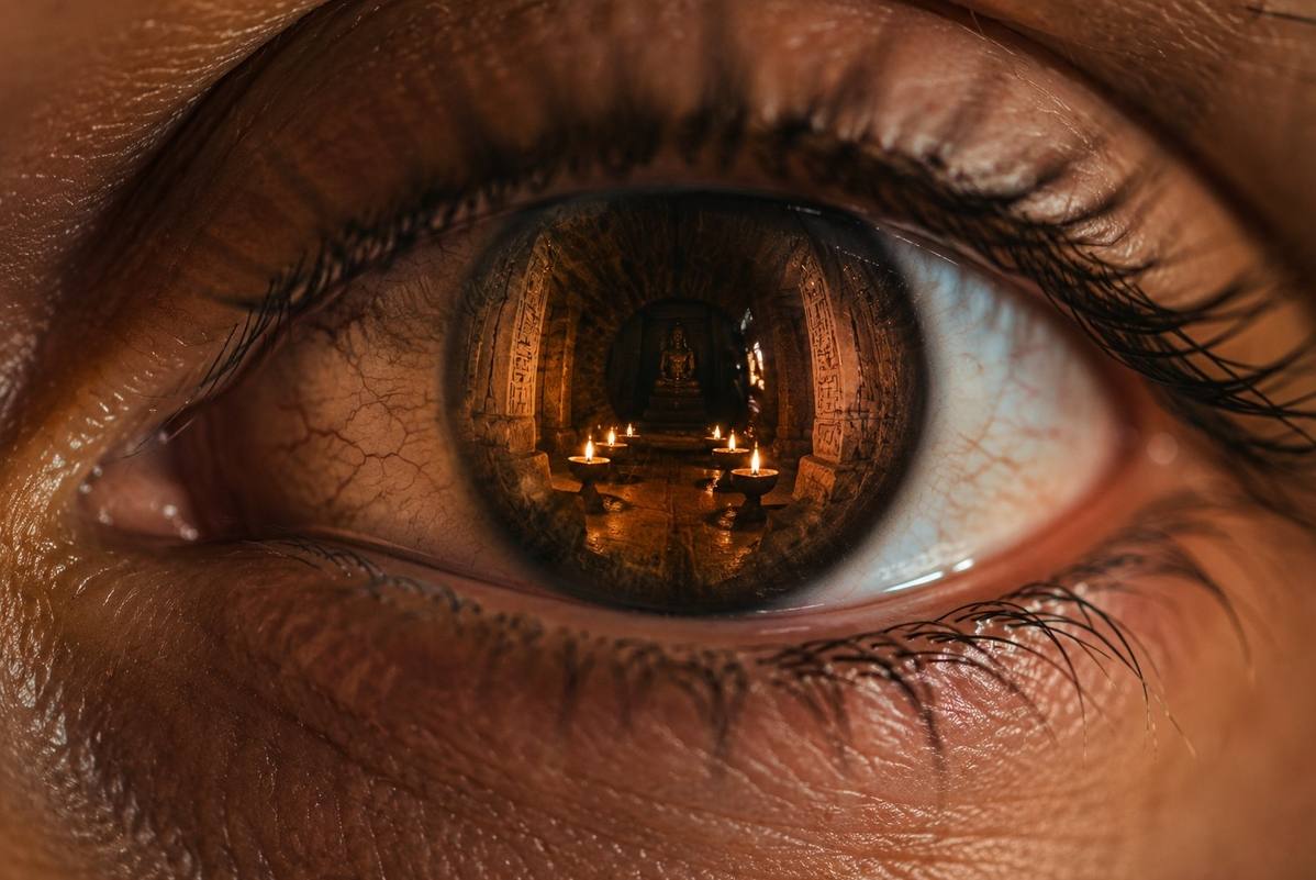 Close-up of human eye reflecting ancient temple interior with candlelight