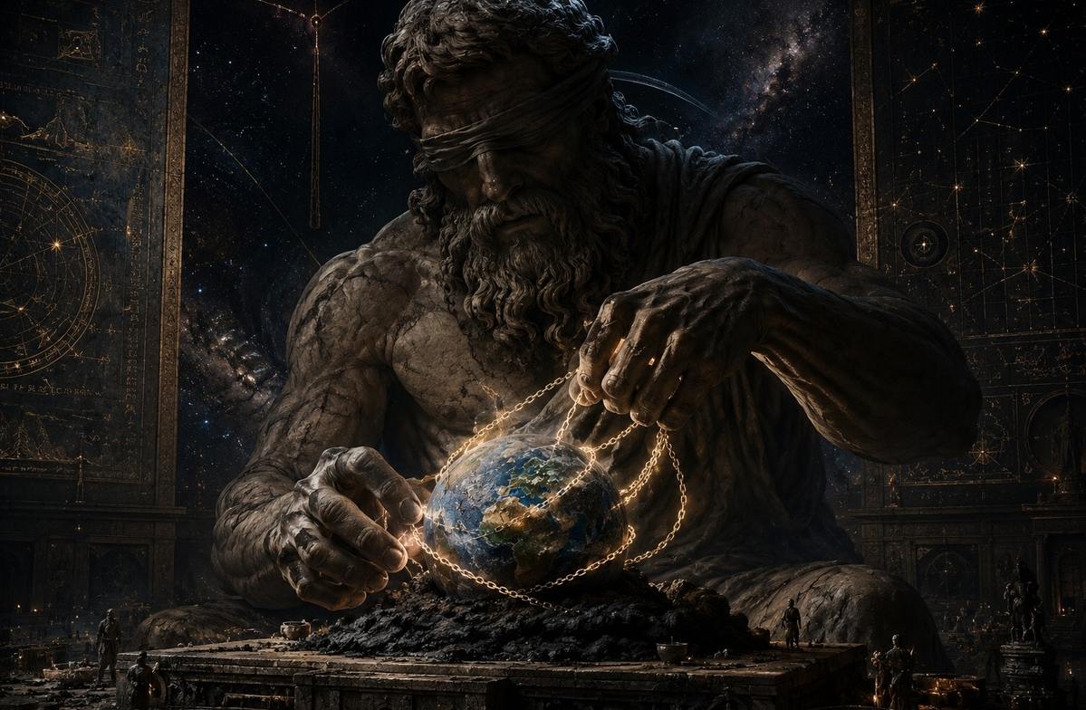A blindfolded colossal figure sculpting earth from dark clay in a cosmic workshop