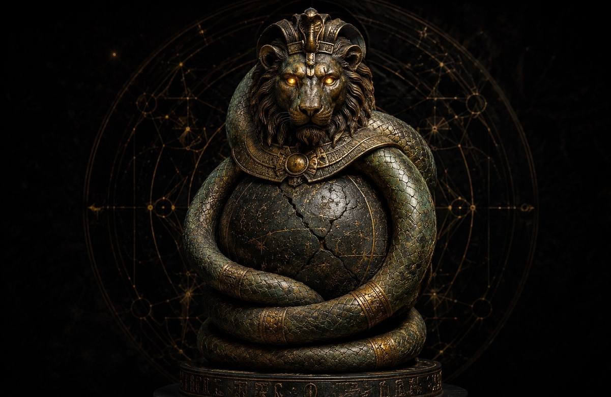 A bronze lion-headed serpent deity coiled around a cracked celestial sphere