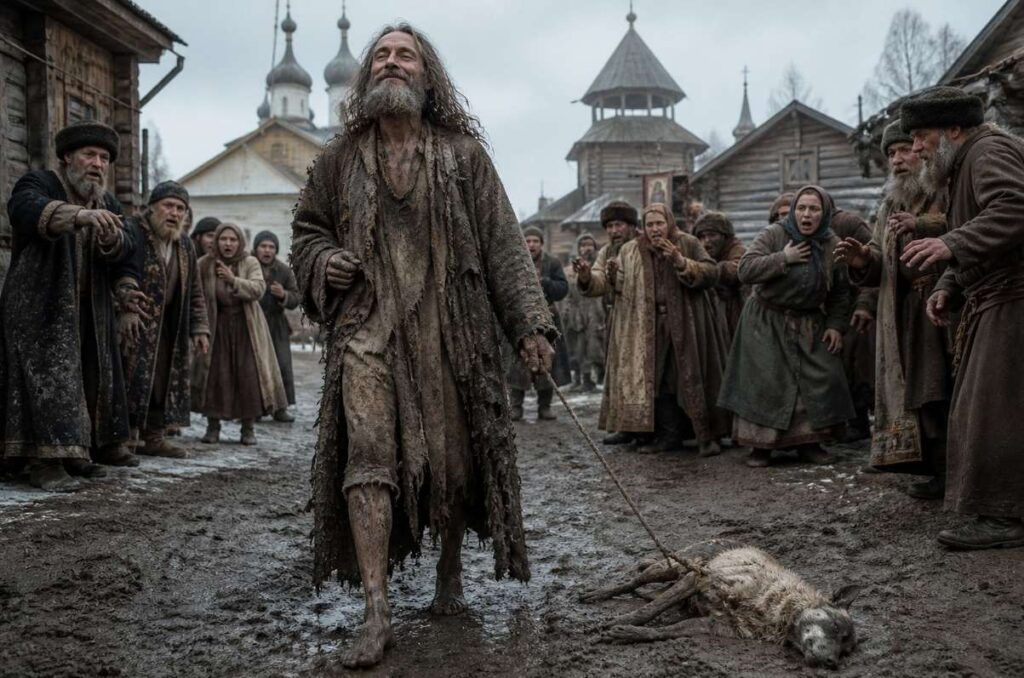 Russian yurodivy holy fool in rags walking through medieval street dragging a dead dog on a leash, people looking shocked while the fool has secret serenity