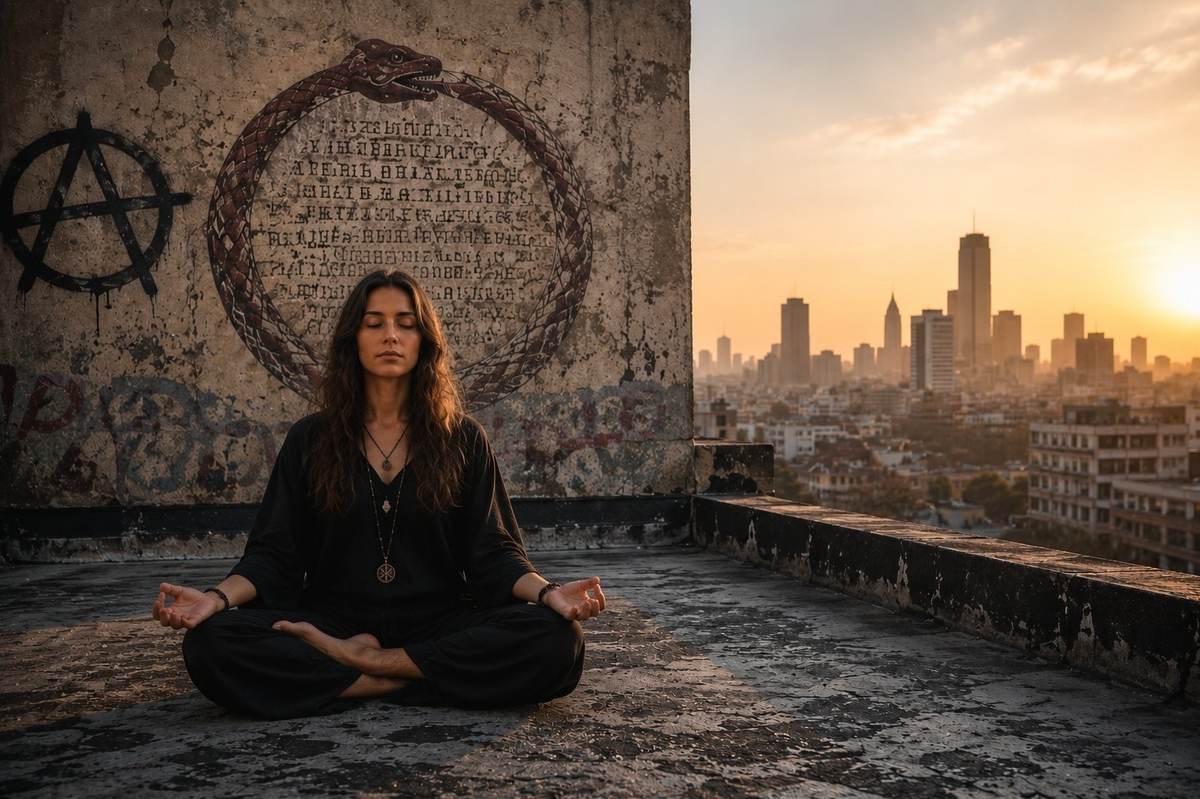 Meditator in lotus posture at urban protest with anarchist and Gnostic symbols