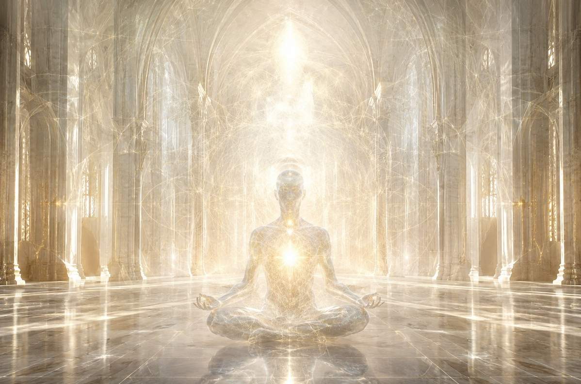 A solitary meditator seated in vast empty space surrounded by faint geometric light patterns representing the zero point of ego absence