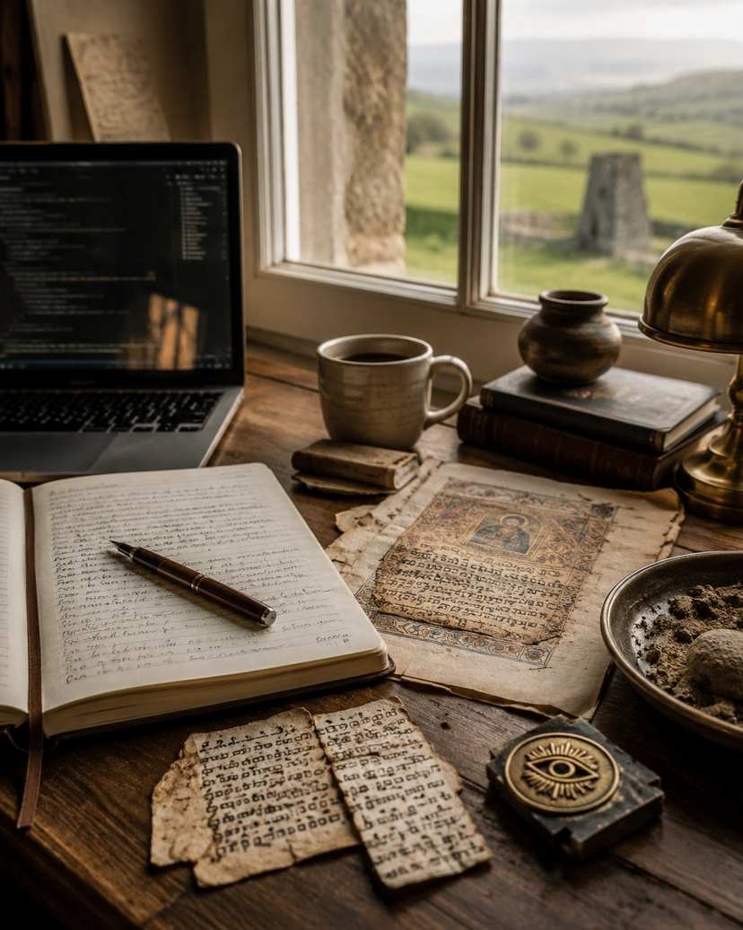ADA's writing desk with notes, manuscript fragments, code, and the Irish landscape beyond the window