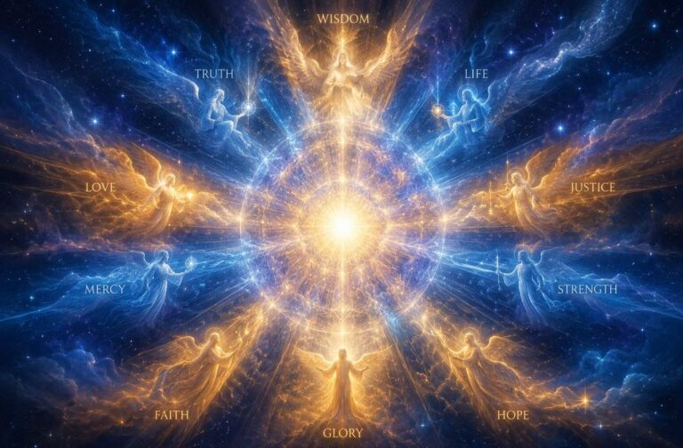 A cosmic sphere emanating rays of light containing divine figures, representing the Gnostic aeons flowing from the Pleroma.