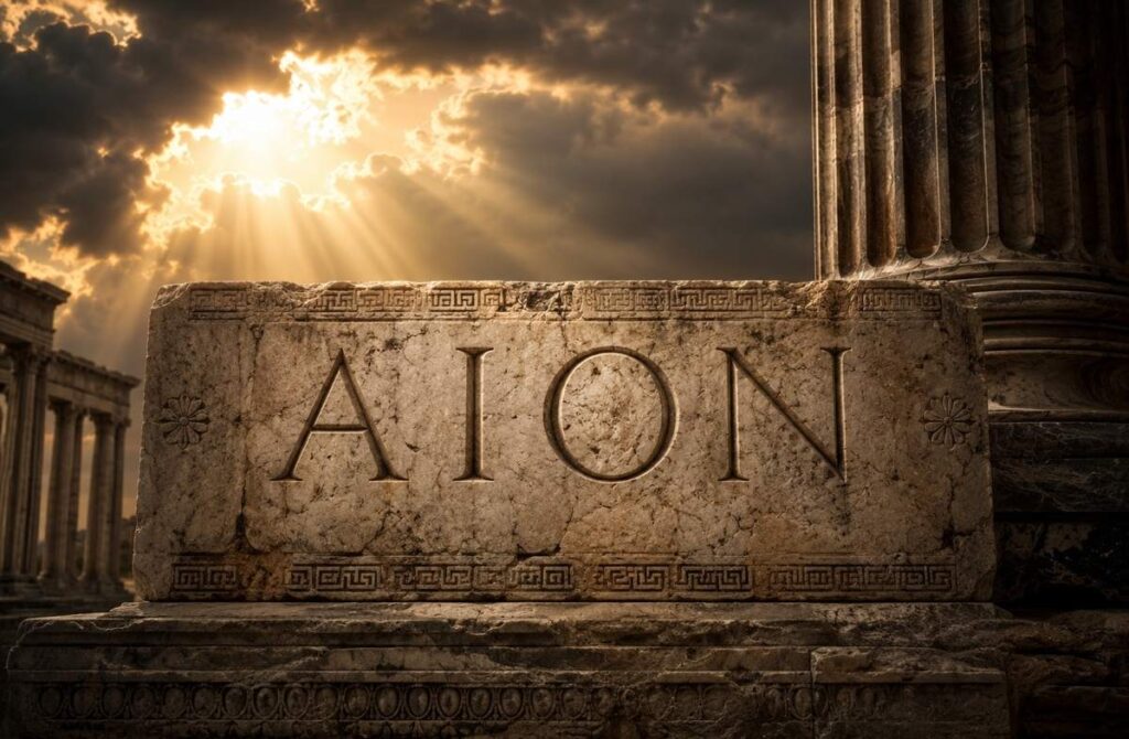 Weathered Greek marble inscription reading "AION" with celestial light breaking through clouds in an ancient Alexandrian setting.