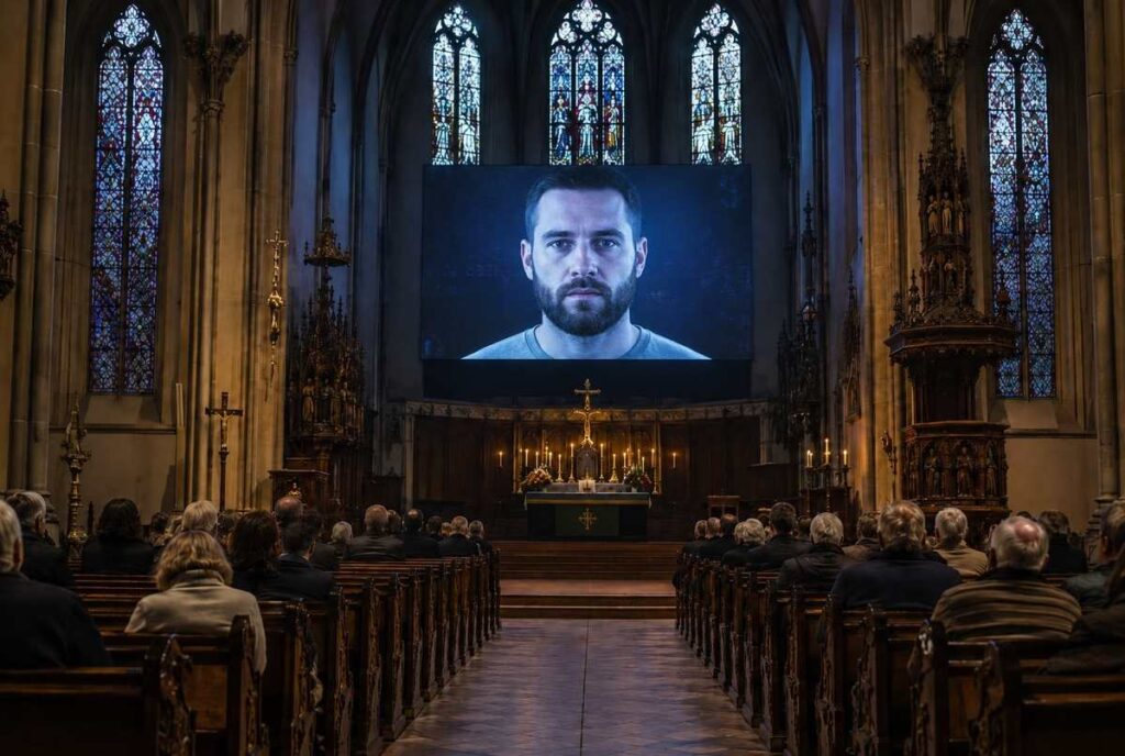 AI avatar of a bearded man projected on large screen above church altar, congregation seated below watching the synthetic sermon delivery
