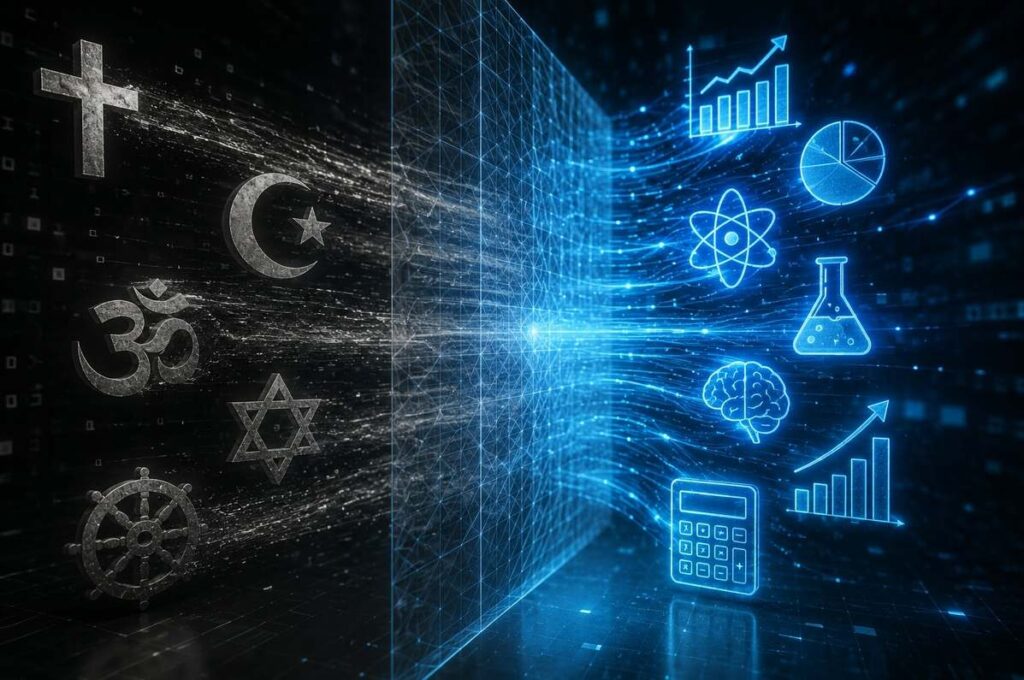 Abstract data visualisation showing religious symbols from multiple faiths being filtered out by a digital mesh, leaving only secular icons