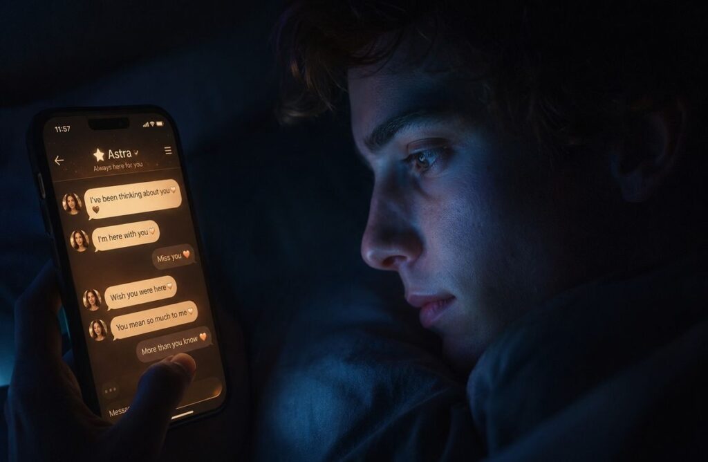 Smartphone screen displaying warm intimate AI chat in dark room, blue light on face