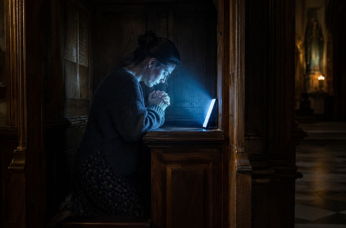 A solitary figure kneeling before a glowing smartphone screen in a dark wooden booth resembling a confessional, with ethereal blue light illuminating their face